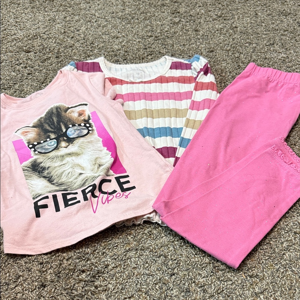 Girls Pink Cat Graphic  Set with Striped Long-Sleeve Top